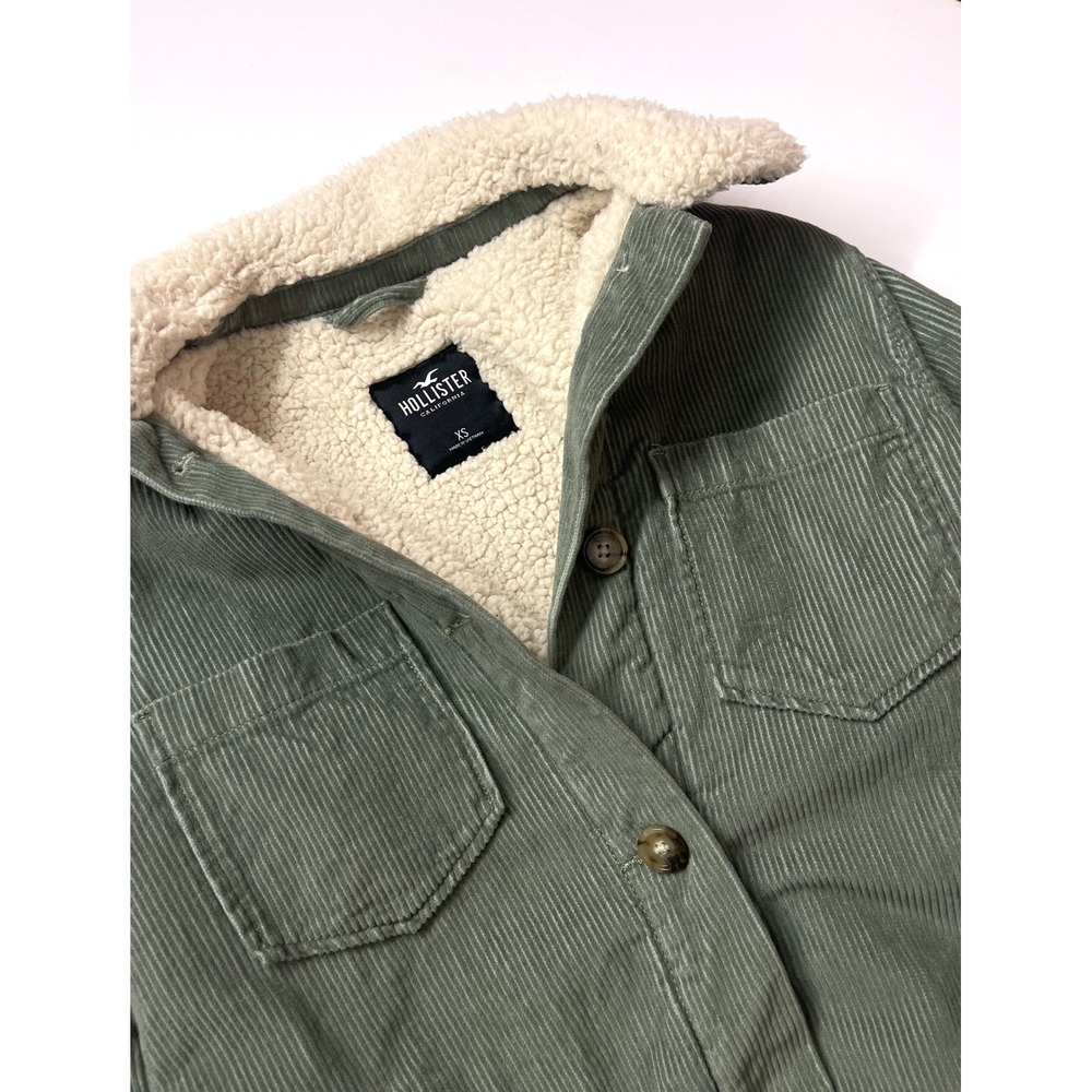 Hollister Mens XS Sherpa Lined Corduroy Shirt Jacket Sage Green Extra Warm
